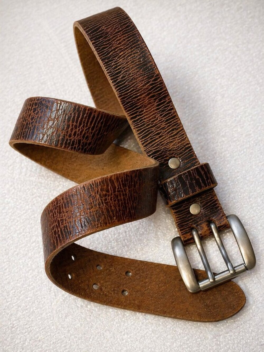 Etiqueta Negra Brown Leather Belt Double Prong Textured Italy Size 95 (38 Luxury